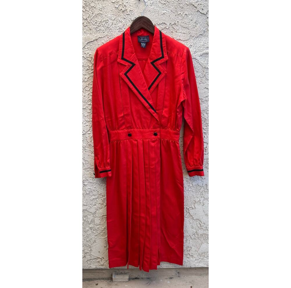 Vintage Red Tuxedo Dress Silk Blend Pleated Midi Size 10